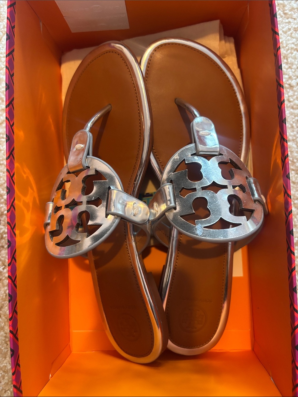 Tory Burch Silver Logo Miller Thong Sandals with Tan Footbed